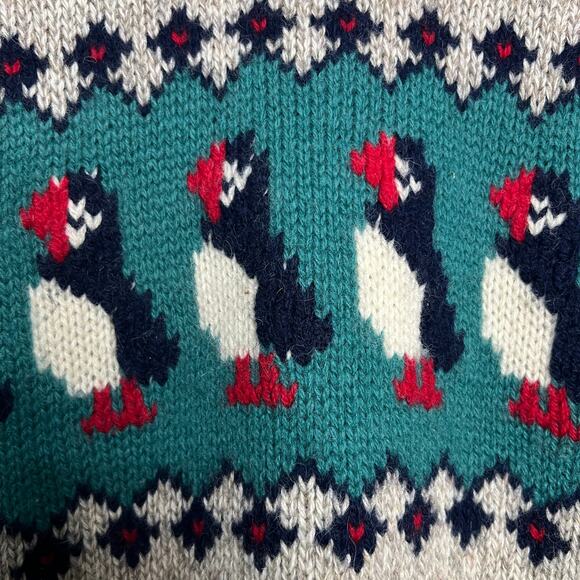 Vintage 80s LLBean Puffin Oatmeal Wool Knit Novelty Crewneck Pullover Sweater - Picture 6 of 11